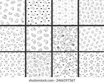 Cute kawaii socks cartoon character with different textures. Seamless pattern. Coloring Page. Hand drawn style. Vector drawing. Collection of design ornaments.