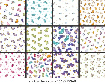 Cute kawaii socks cartoon character with different textures. Seamless pattern. Hand drawn style. Vector drawing. Collection of design ornaments.