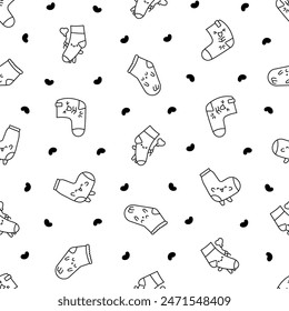 Cute kawaii socks cartoon character with different textures. Seamless pattern. Coloring Page. Hand drawn style. Vector drawing. Design ornaments.