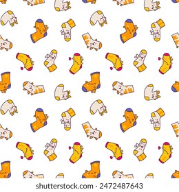 Cute kawaii socks cartoon character with different textures. Seamless pattern. Hand drawn style. Vector drawing. Design ornaments.