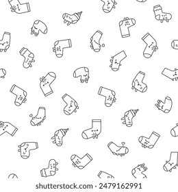 Cute kawaii socks cartoon character with different textures. Seamless pattern. Coloring Page. Hand drawn style. Vector drawing. Design ornaments.