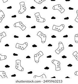 Cute kawaii socks cartoon character with different textures. Seamless pattern. Coloring Page. Hand drawn style. Vector drawing. Design ornaments.