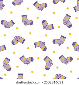 Cute kawaii socks cartoon character with different textures. Seamless pattern. Hand drawn style. Vector drawing. Design ornaments.
