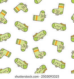 Cute kawaii socks cartoon character with different textures. Seamless pattern. Hand drawn style. Vector drawing. Design ornaments.