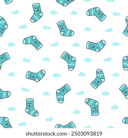 Cute kawaii socks cartoon character with different textures. Seamless pattern. Hand drawn style. Vector drawing. Design ornaments.