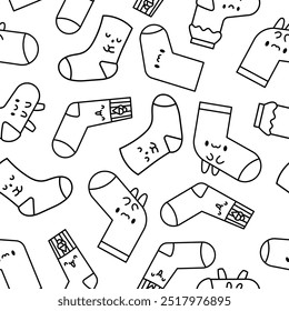 Cute kawaii socks cartoon character with different textures. Seamless pattern. Coloring Page. Hand drawn style. Vector drawing. Design ornaments.