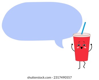 Cute kawaii soda with a big speech bubble. Cartoon character a glass of soda with a place for text. Vector illustration isolated on white background