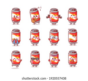 Cute and Kawaii soda can Sticker Illustration Set With Various Activity and Expression for mascot
