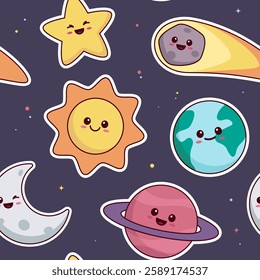 Cute kawaii space objects, smiling planets, moon, sun, star, comet seamless pattern, background. Simple cartoon style illustrations.