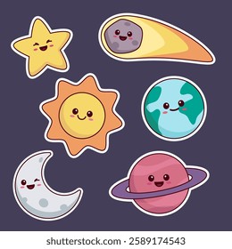 Cute kawaii space objects, smiling planets, moon, sun, star, comet. Set of simple cartoon style illustrations.