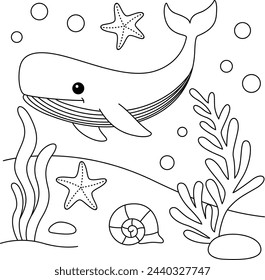 Cute Kawaii Sperm Whale Cartoon Character Coloring Page Vector Illustration 