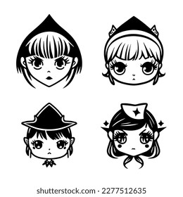 cute kawaii spooky witch head collection set hand drawn line art illustration