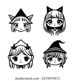 cute kawaii spooky witch head collection set hand drawn line art illustration