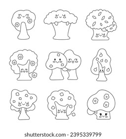 Cute kawaii spring tree. Coloring Page. Cartoon characters. Nature and environment. Hand drawn style. Vector drawing. Collection of design elements.