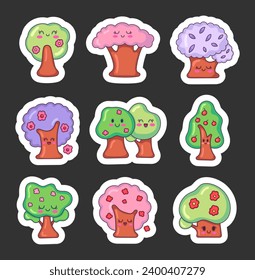 Cute kawaii spring tree. Sticker Bookmark. Cartoon characters. Nature and environment. Hand drawn style. Vector drawing. Collection of design elements.