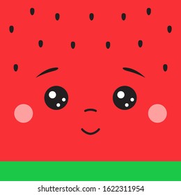 Cute kawaii square face of watermelon. Smiling funny cartoon berry with eyes, nose, mouse, cheeks, seeds isolated on white background. Vector illustration