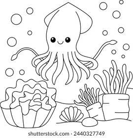 Cute Kawaii Squid Cartoon Character Coloring Page Vector Illustration 