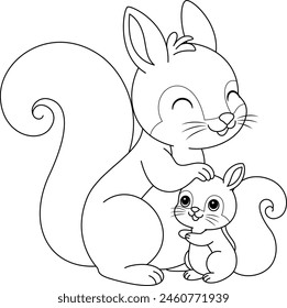 Cute kawaii squirrel and baby cartoon character coloring page vector illustration. Wild animal, mothers day colouring page for kids