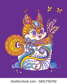 Cute ardilla kawaii en una taza. Ilustración antiestrés para adultos con animales en forma de maraña aislados en fondo morado. Ilustración vectorial colorida para impresión, diseño, estampado de camisetas, tatuaje, logo.