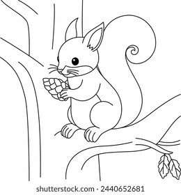 Cute Kawaii Squirrel is Holding Acorn, Standing on The Branch Tree. Cartoon Character Coloring Page Vector Illustration