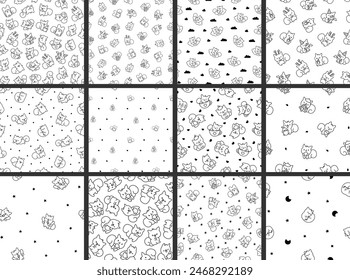 Cute kawaii squirrel. Seamless pattern. Coloring Page. Funny forest wild cartoon animal characters. Hand drawn style. Vector drawing. Collection of design ornaments.