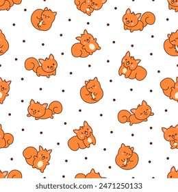 Cute kawaii squirrel. Seamless pattern. Funny forest wild cartoon animal characters. Hand drawn style. Vector drawing. Design ornaments.