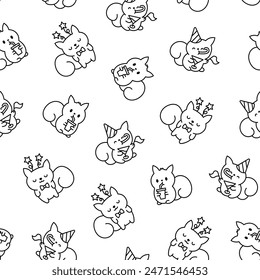 Cute kawaii squirrel. Seamless pattern. Coloring Page. Funny forest wild cartoon animal characters. Hand drawn style. Vector drawing. Design ornaments.