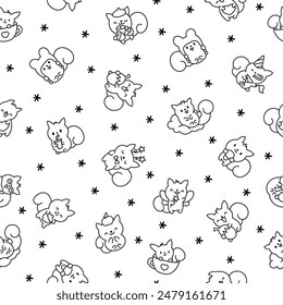 Cute kawaii squirrel. Seamless pattern. Coloring Page. Funny forest wild cartoon animal characters. Hand drawn style. Vector drawing. Design ornaments.
