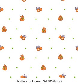 Cute kawaii squirrel. Seamless pattern. Funny forest wild cartoon animal characters. Hand drawn style. Vector drawing. Design ornaments.