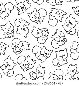 Cute kawaii squirrel. Seamless pattern. Coloring Page. Funny forest wild cartoon animal characters. Hand drawn style. Vector drawing. Design ornaments.