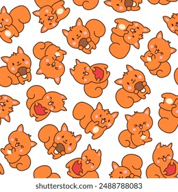 Cute kawaii squirrel. Seamless pattern. Funny forest wild cartoon animal characters. Hand drawn style. Vector drawing. Design ornaments.