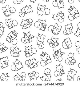 Cute kawaii squirrel. Seamless pattern. Coloring Page. Funny forest wild cartoon animal characters. Hand drawn style. Vector drawing. Design ornaments.