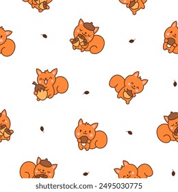 Cute kawaii squirrel. Seamless pattern. Funny forest wild cartoon animal characters. Hand drawn style. Vector drawing. Design ornaments.