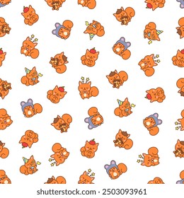 Cute kawaii squirrel. Seamless pattern. Funny forest wild cartoon animal characters. Hand drawn style. Vector drawing. Design ornaments.