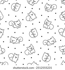 Cute kawaii squirrel. Seamless pattern. Coloring Page. Funny forest wild cartoon animal characters. Hand drawn style. Vector drawing. Design ornaments.