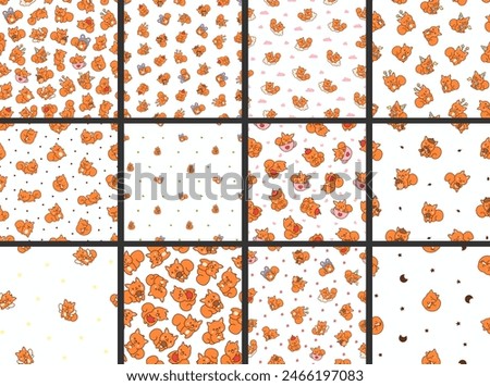 Cute kawaii squirrel. Seamless pattern. Funny forest wild cartoon animal characters. Hand drawn style. Vector drawing. Collection of design ornaments.