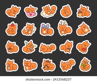Cute kawaii squirrel. Sticker Bookmark. Funny forest wild cartoon animal characters. Hand drawn style. Vector drawing. Collection of design elements.