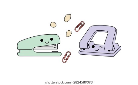 Cute kawaii stapler and hole puncher office supplies cartoon vector illustration