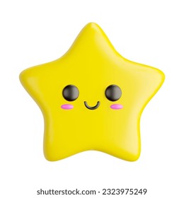 Cute Kawaii Star. 3D Cartoony Yellow Star. Funny Happy Character. Vector illustration of 3D Render.