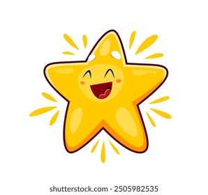 Lindo personaje estrella kawaii. Caricatura alegre y feliz amarillo centellea con una amplia sonrisa. Personaje alegre del toon del espacio del Vector aislado que irradia la ternura y la felicidad, encanto encantador celestial puro