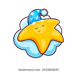 Personaje kawaii lindo de la estrella que duerme en una nube. El personaje de dibujos animados brilla pacíficamente dormido en un gorro de dormir. Personaje de toon celestial de Vector aislado, rodeado de un aura tranquila de magia para acostarse