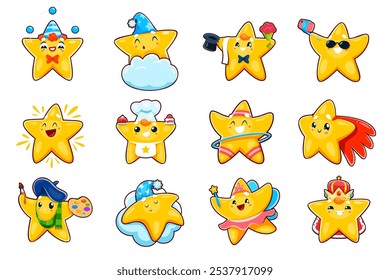 Personagens de estrelas kawaii bonitos, desenhos animados pouco twinkle e personagens vetoriais superstar. Palhaço engraçado, super-herói, rainha, personagens de fadas e estrelas do artista dormindo, fazendo exercícios de selfie e esporte