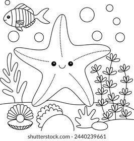 Cute Kawaii Starfish Cartoon Character Coloring Page Vector Illustration 