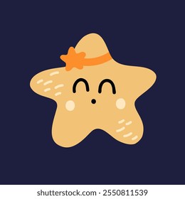 Cute kawaii starfish illustration with hat on dark background.