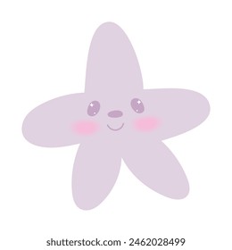 Cute kawaii starfish,sea star in hand draw flat style isolated on white background. Children vector illustration.Cartoon funny baby animal character design.Soft pastel colors.