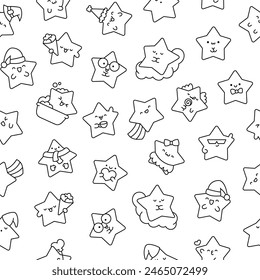 Cute kawaii stars character with different happy expression activity. Seamless pattern. Coloring Page. Hand drawn style. Vector drawing. Design ornaments.