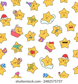 Cute kawaii stars character with different happy expression activity. Seamless pattern. Hand drawn style. Vector drawing. Design ornaments.