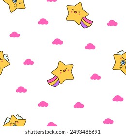 Cute kawaii stars character with different happy expression activity. Seamless pattern. Hand drawn style. Vector drawing. Design ornaments.