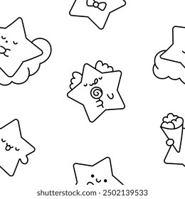 Cute kawaii stars character with different happy expression activity. Seamless pattern. Coloring Page. Hand drawn style. Vector drawing. Design ornaments.