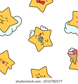 Personagem de estrelas kawaii bonito com atividade de expressão feliz diferente. Padrão contínuo. Estilo desenhado à mão. Desenho vetorial. Desenhar ornamentos.